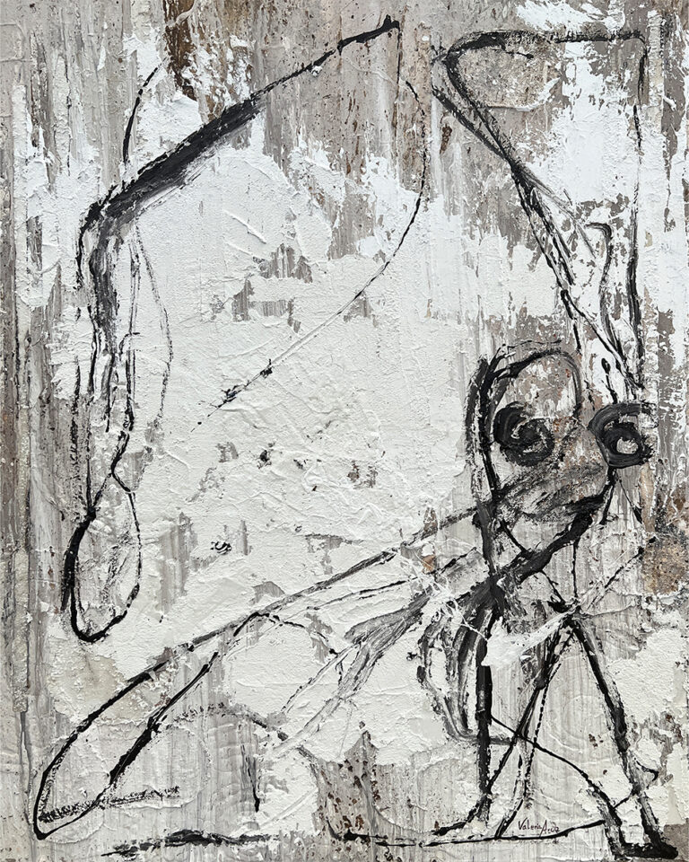 Lienzo abstracto con trazo lineal expresivo en blanco roto