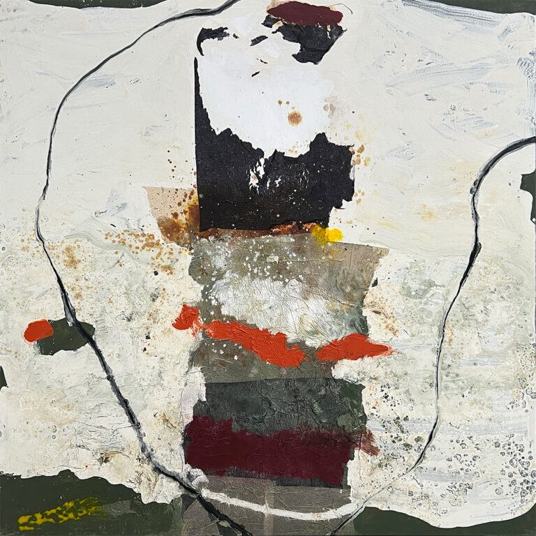 Obra abstracta en técnica mixta con silueta totémica en negro y granate
