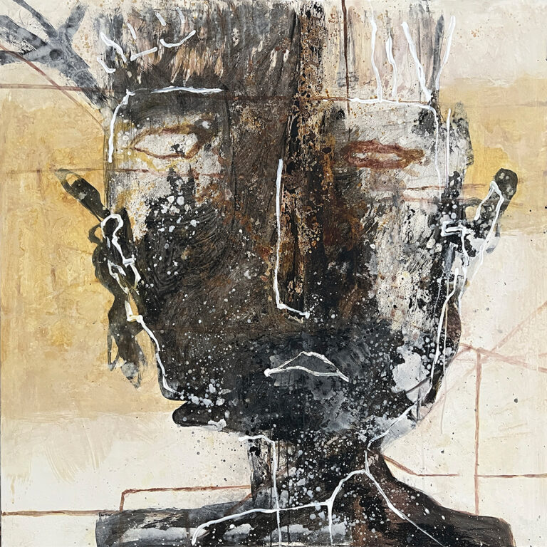 Retrato en técnica mixta con trazo blanco lineal sobre veladuras doradas