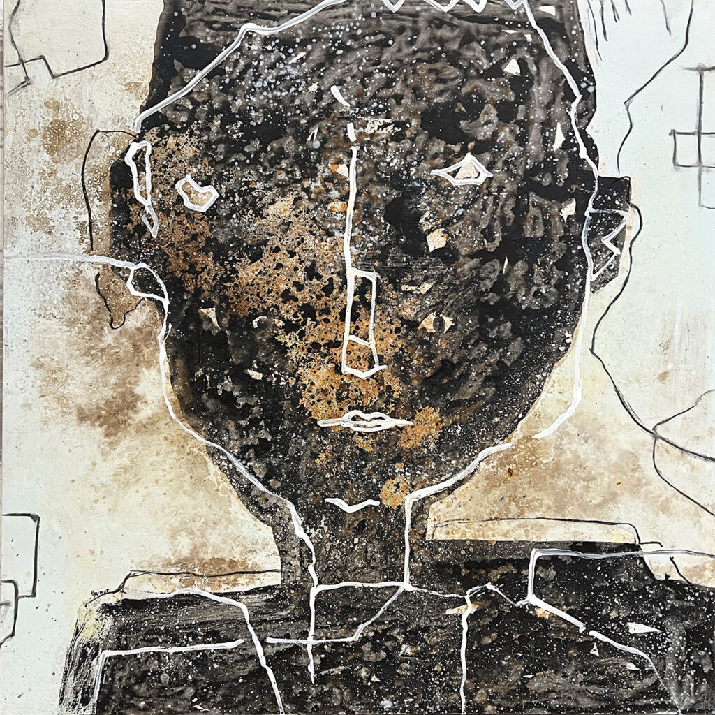 Retrato en técnica mixta con trazo blanco lineal sobre veladuras doradas