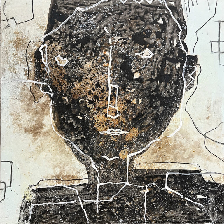 Retrato en técnica mixta con trazo blanco lineal sobre veladuras doradas
