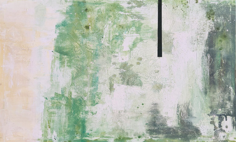 Lienzo abstracto en verde musgo con acento vertical en negro